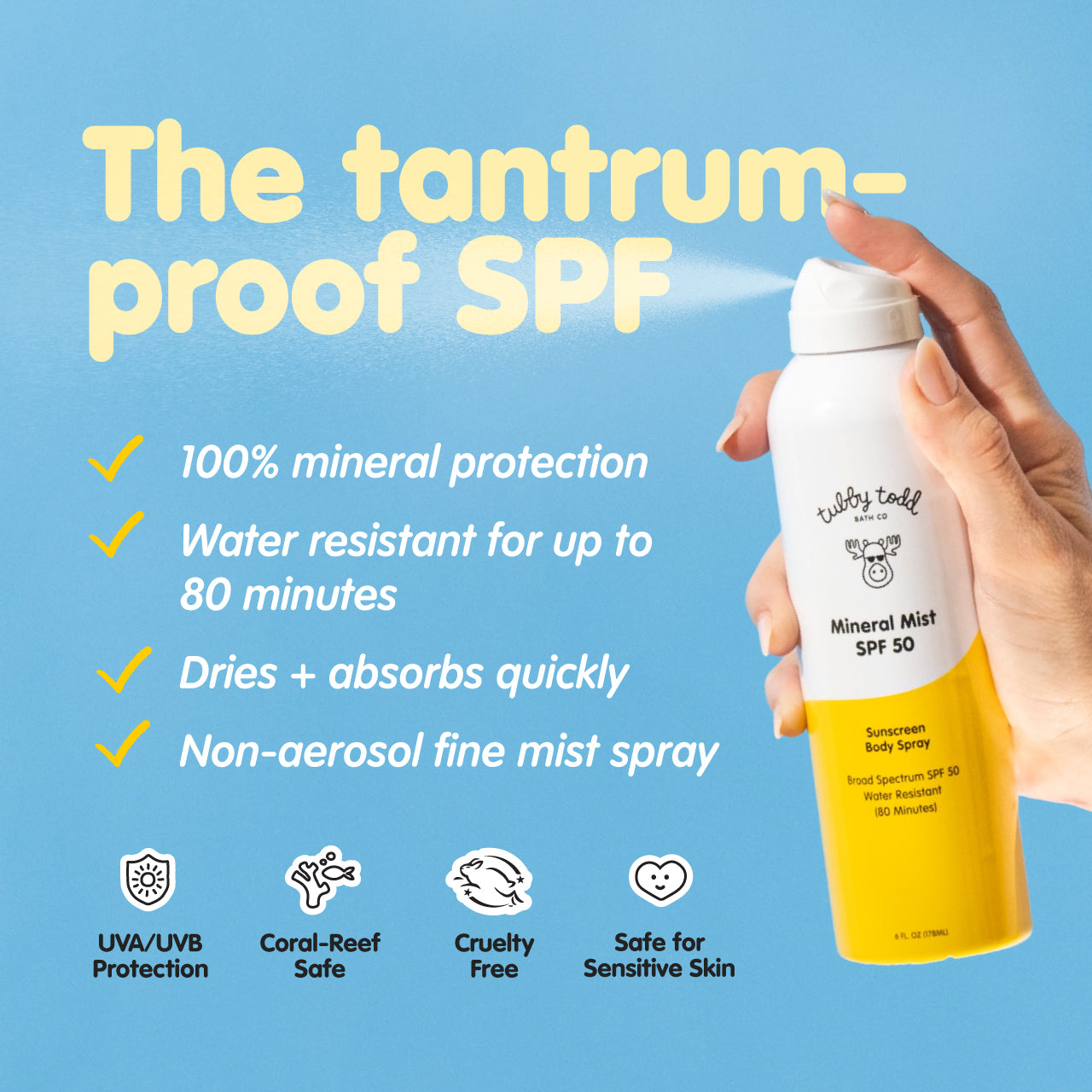 Hand holding a yellow and white sunscreen spray bottle with product features listed on a blue background.